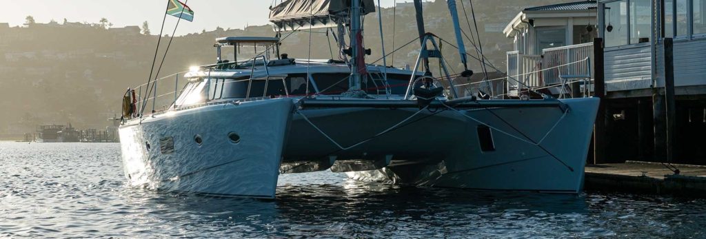 A catamaran navigating the waters