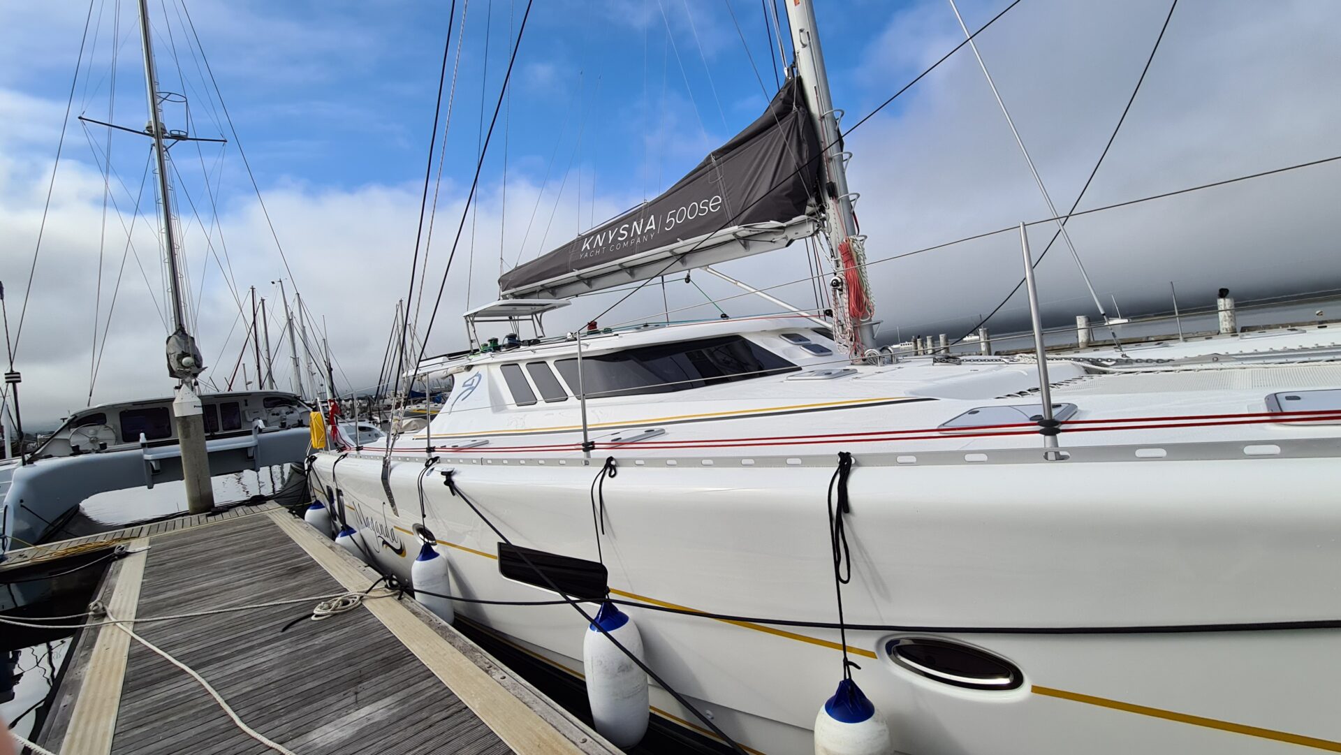 A side view of a Knysna 500SE catamaran