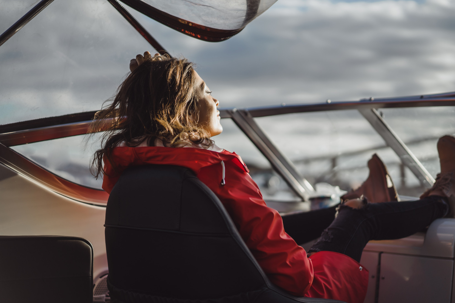 A woman captured onboard a luxury catamaran