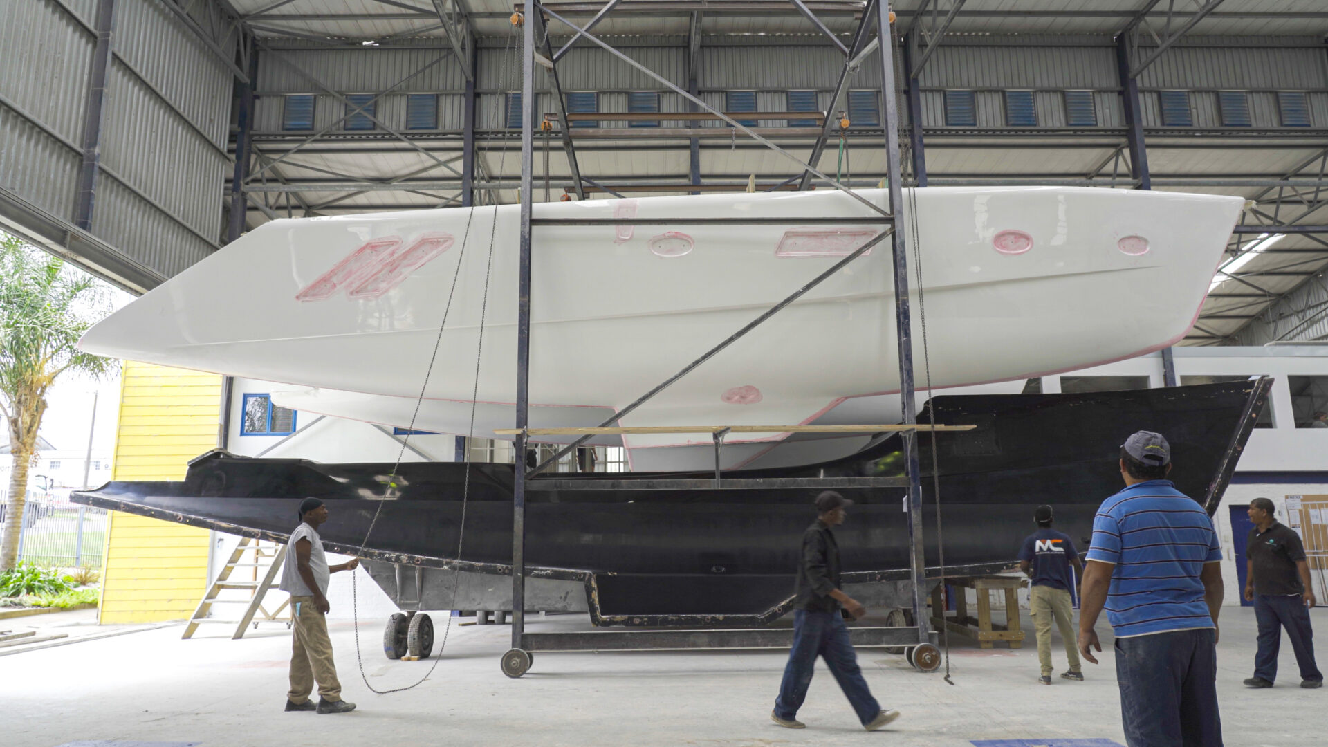 View Of A Luxury Catamaran Being Assembled