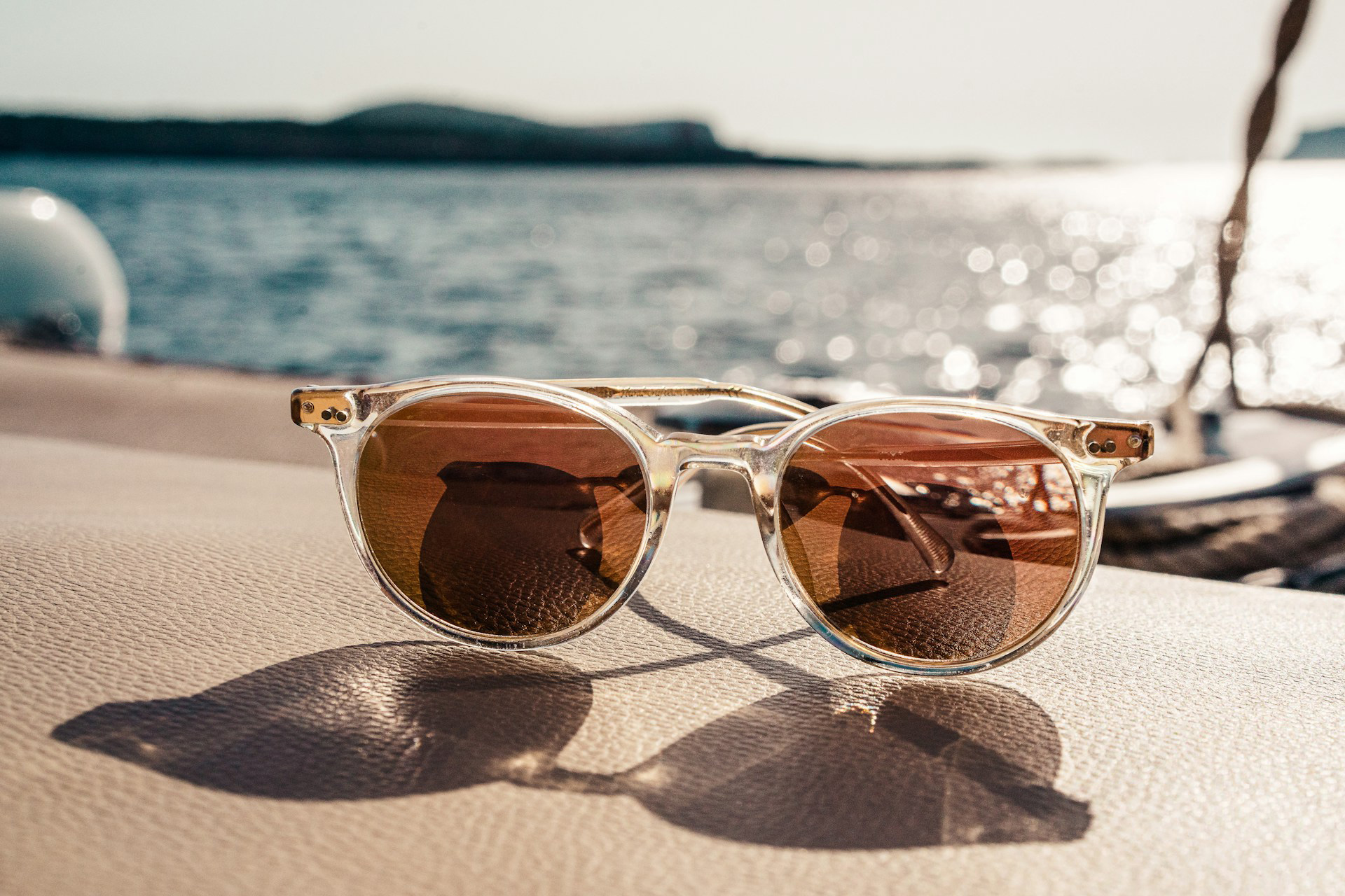 Sunglasses captured onboard a luxury catamaran